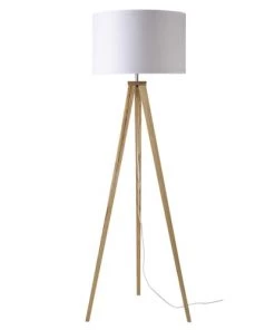 Promo 😍 Maisons Du Monde Lampadaires Lampadaire Trépied En Frêne Avec Abat-jour En Coton Blanc H156 ✨